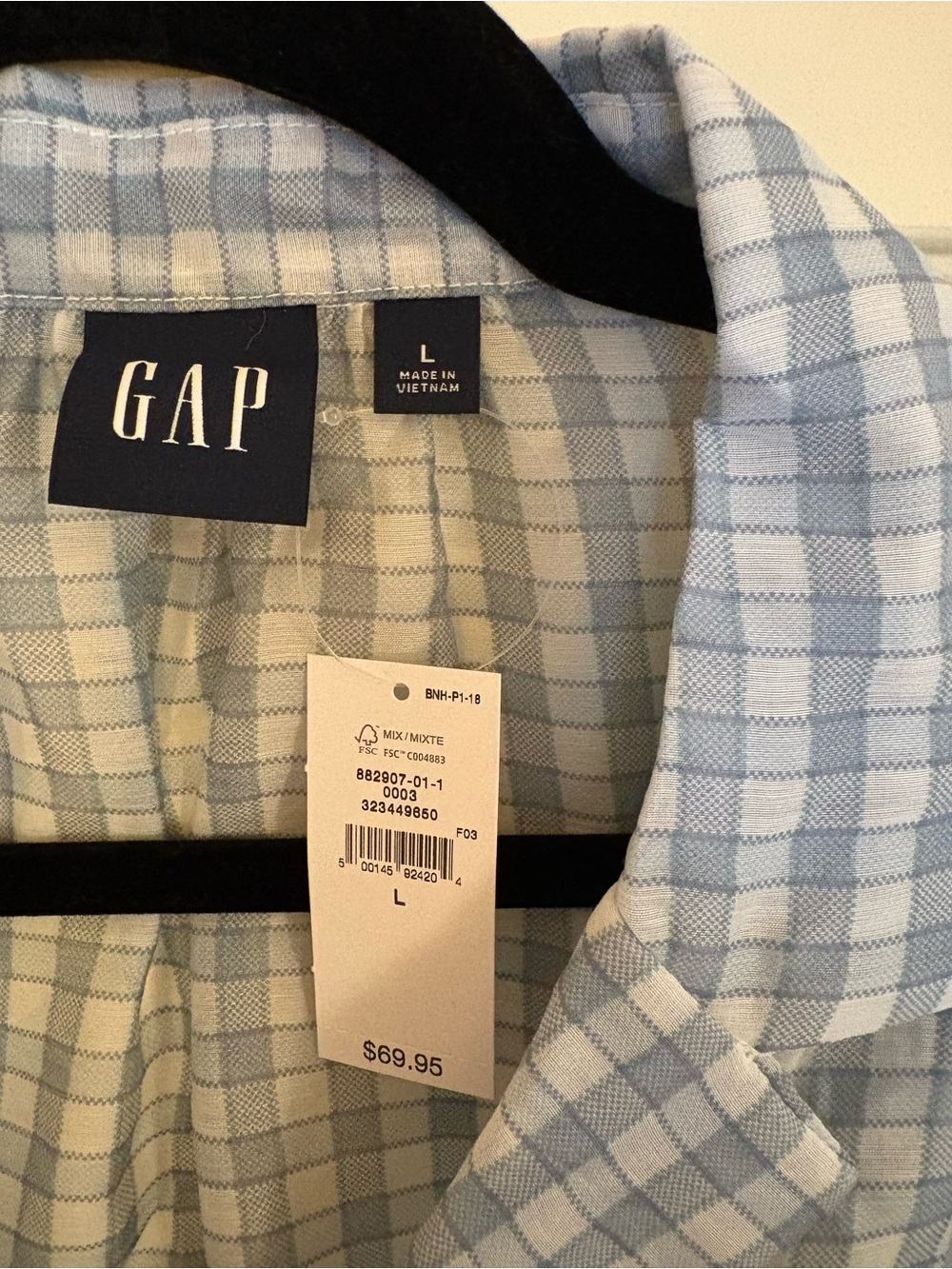 GAP sheer peplum button-front top, blue and white check, size L, NWT - Picture 7 of 9